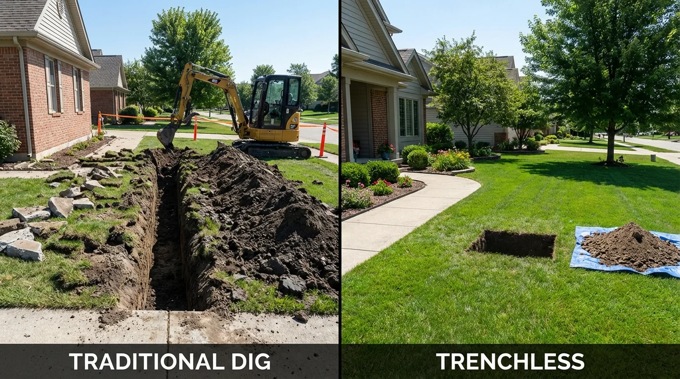 Trenchless sewer repair with minimal yard damage versus traditional excavation in Marlin, TX