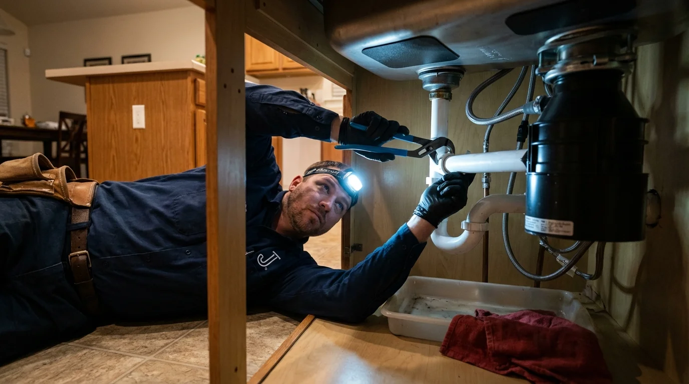 P-trap and supply line connections under a kitchen sink showing a common leak point in Marlin, TX